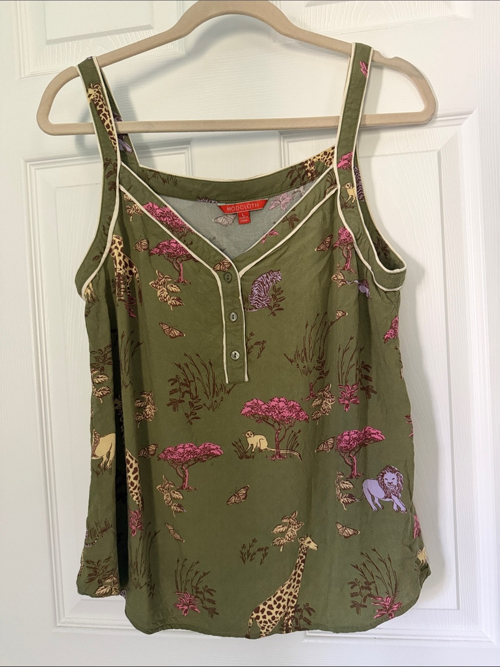 ModCloth Olive Safari Print Camisole with Pink Accents